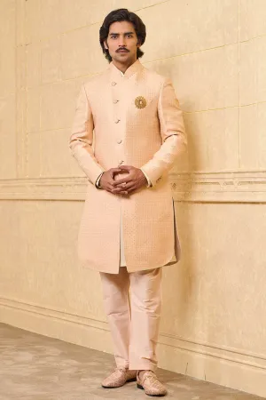 Peach Brocade Achkan With Embroidered Collar