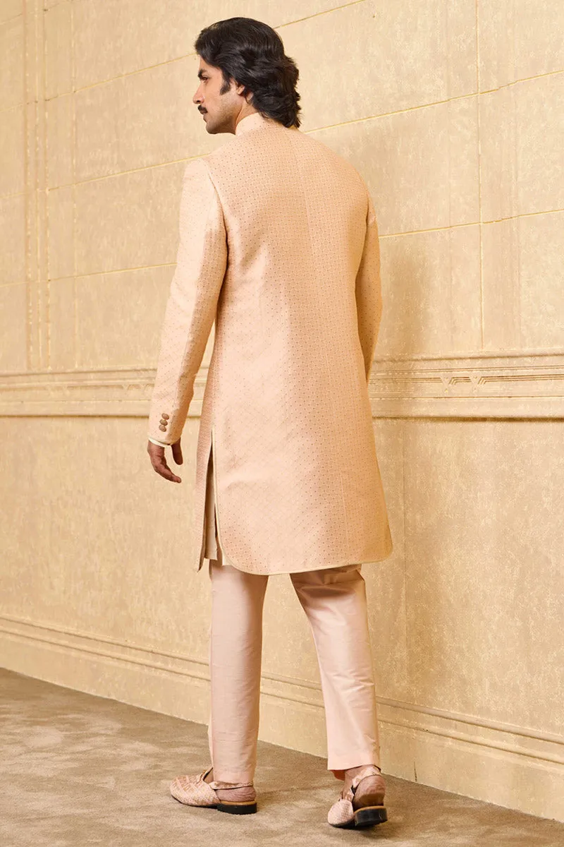 Peach Brocade Achkan With Embroidered Collar