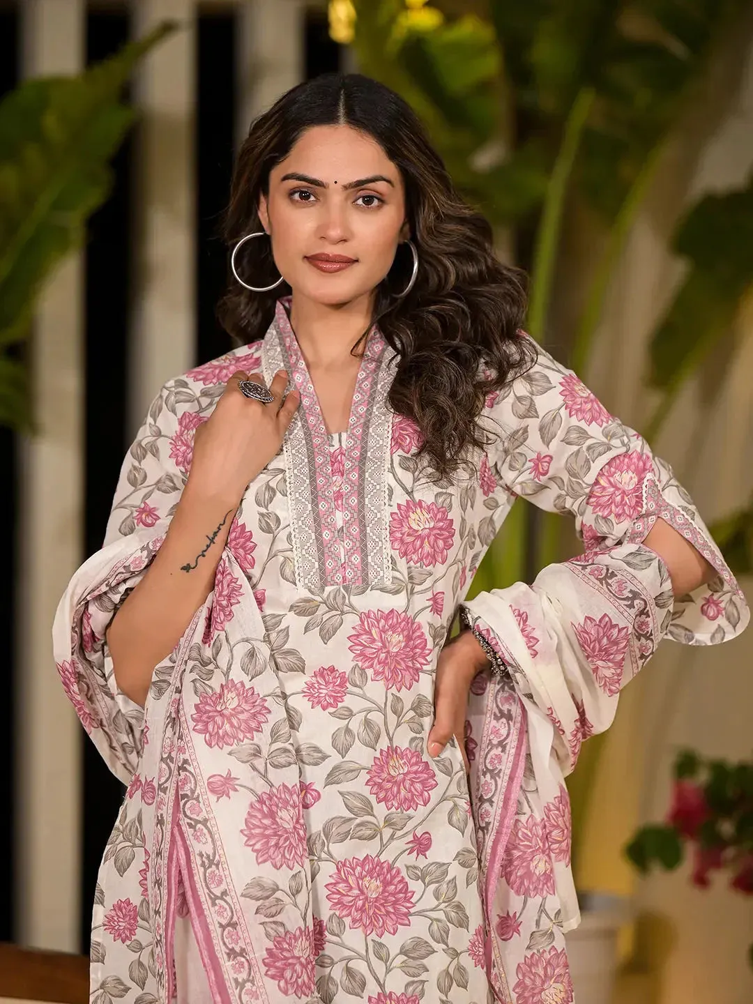 Pink And Off White Floral Print Cotton Straight Style Kurta And Trousers With Dupatta