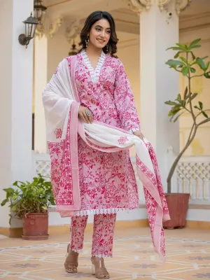 Pink Floral Print Pakistani Style Kurta Trouser And Dupatta Set