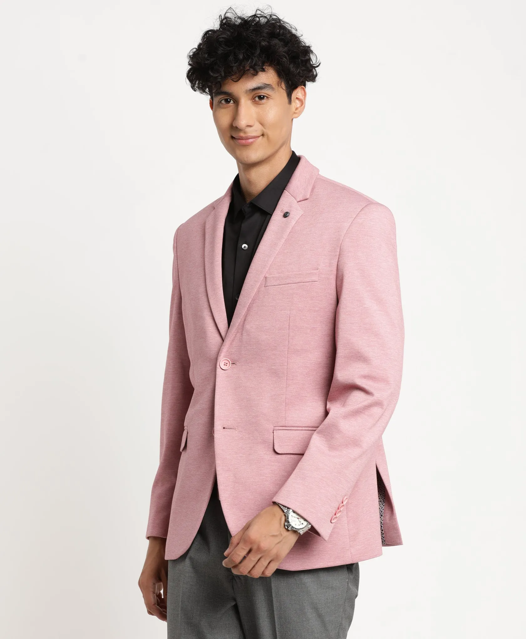 Pink Knitted Self Design Casual Blazer