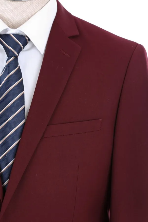 PREMIUM BUILD YOUR PACKAGE: Burgundy Slim Fit Suit (Package Includes 2 Pc Suit, Shirt, Necktie or Bow Tie, Matching Pocket Square)