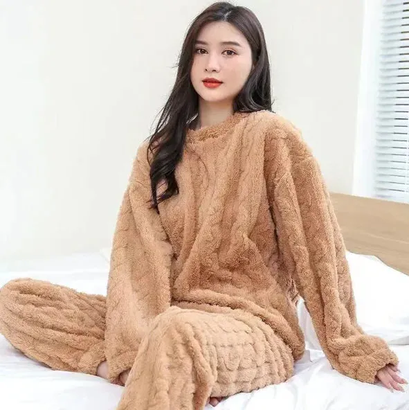 Pure Color Jacquard Cotton Velvet Warm Suit Pajamas