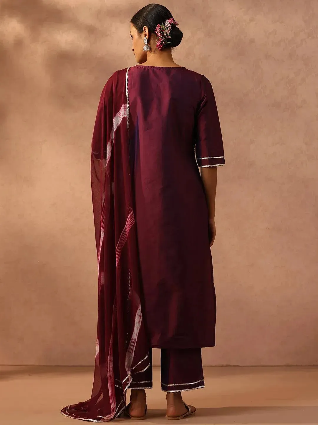 Purple Yoke Design Silk Blend Straight Kurta With Trousers & Dupatta