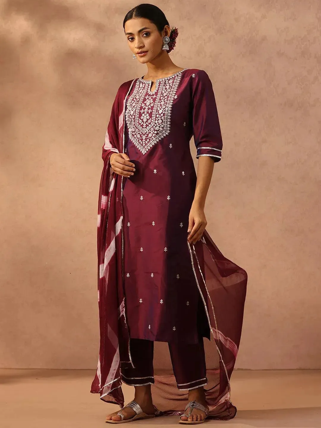 Purple Yoke Design Silk Blend Straight Kurta With Trousers & Dupatta