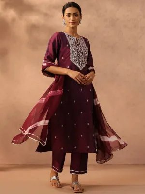 Purple Yoke Design Silk Blend Straight Kurta With Trousers & Dupatta