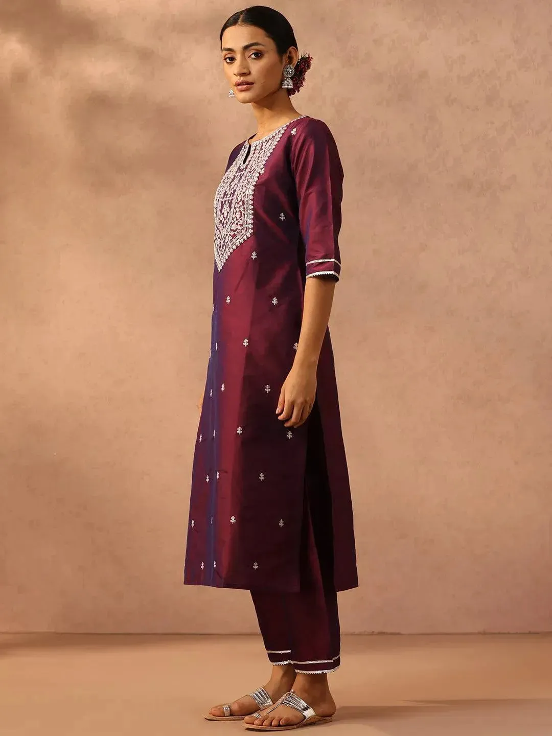 Purple Yoke Design Silk Blend Straight Kurta With Trousers & Dupatta