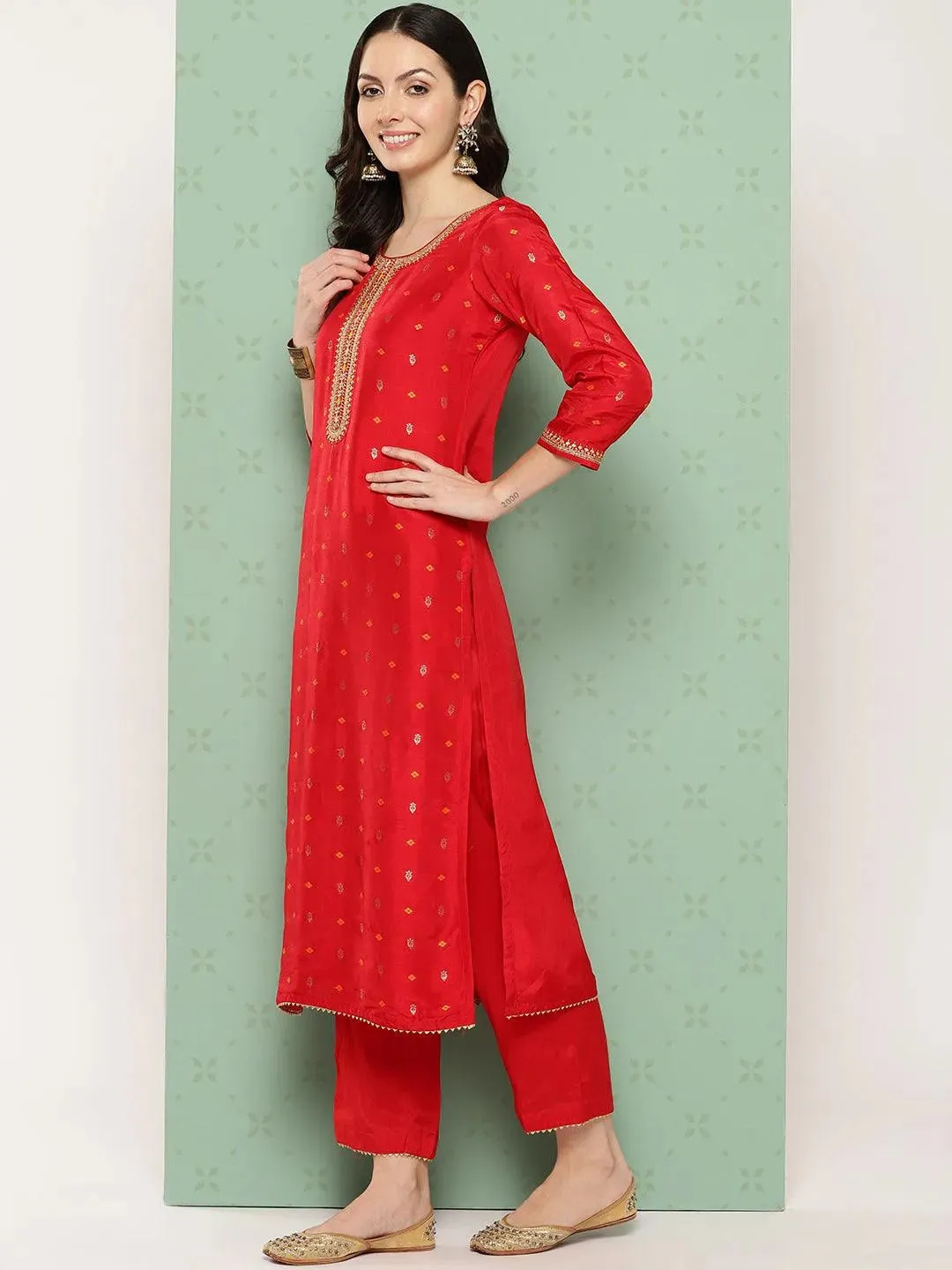 Red Woven Design Silk Straight Suit With Dupatta