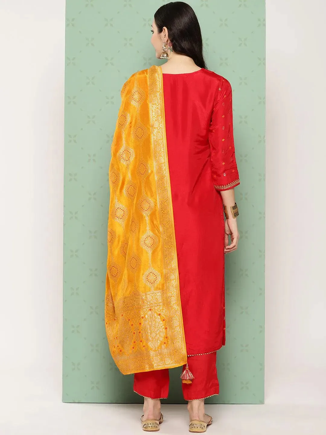 Red Woven Design Silk Straight Suit With Dupatta