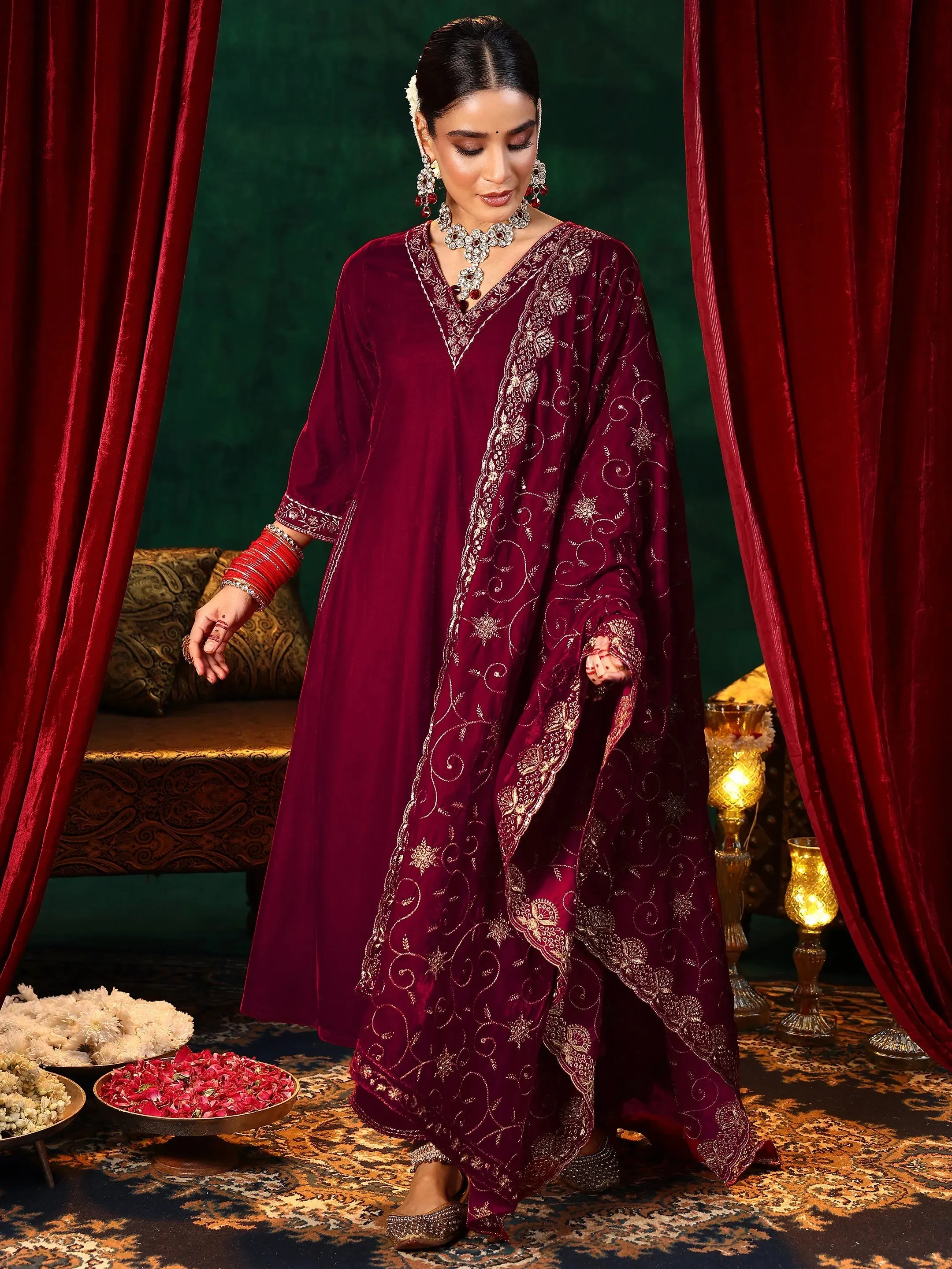 Red Yoke Design Velvet A-Line Kurta With Trousers & Dupatta