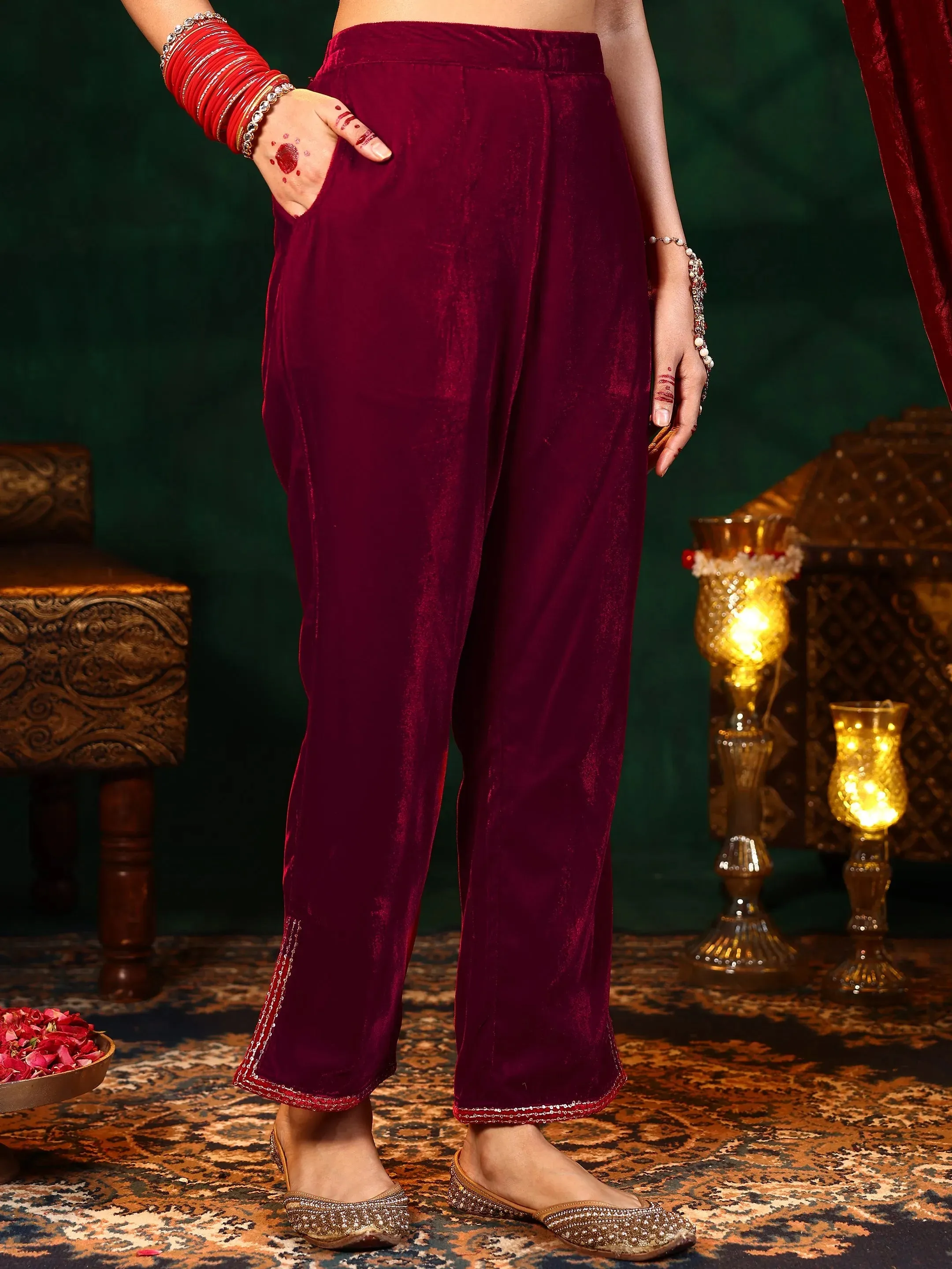 Red Yoke Design Velvet A-Line Kurta With Trousers & Dupatta