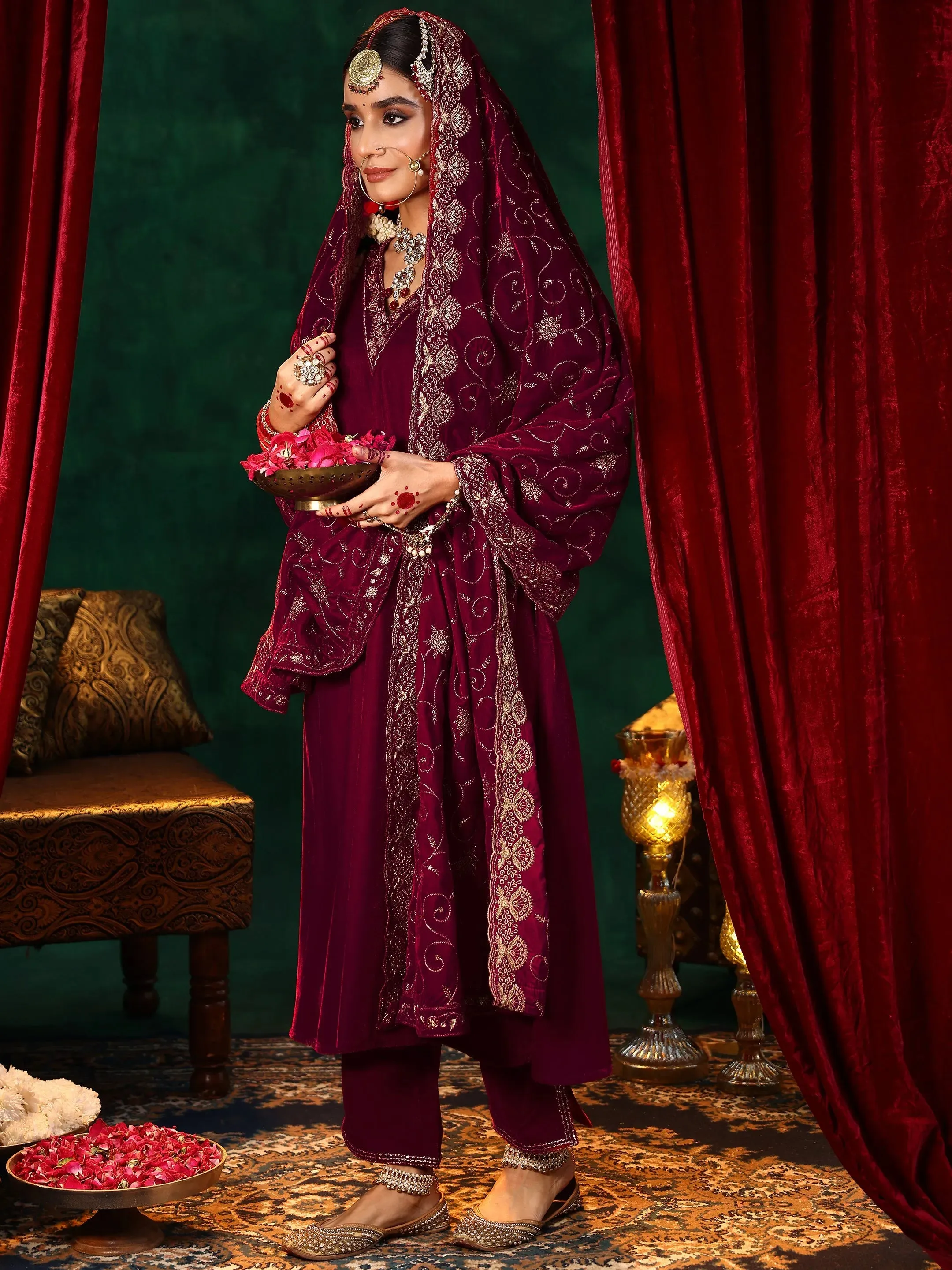 Red Yoke Design Velvet A-Line Kurta With Trousers & Dupatta