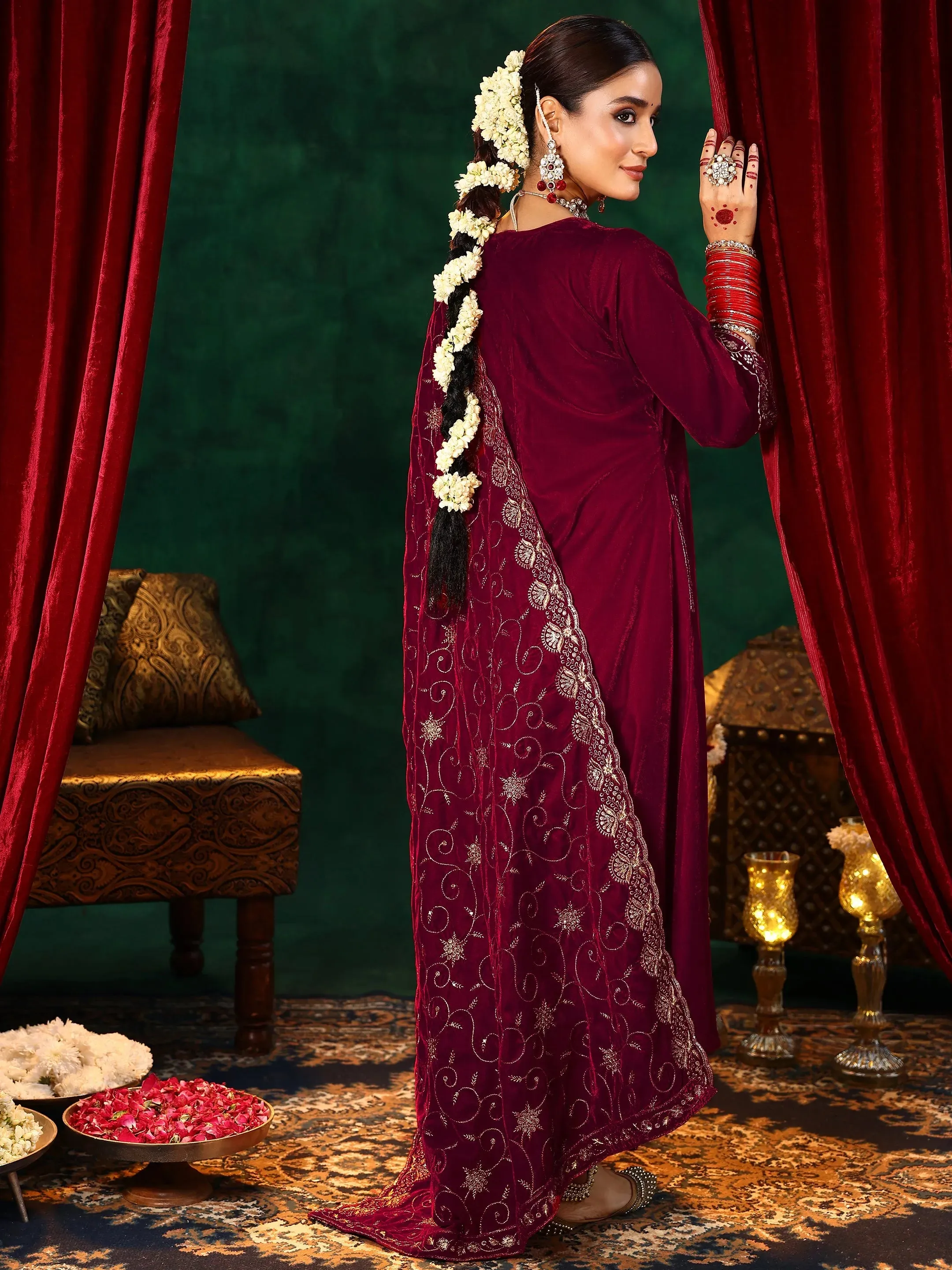 Red Yoke Design Velvet A-Line Kurta With Trousers & Dupatta