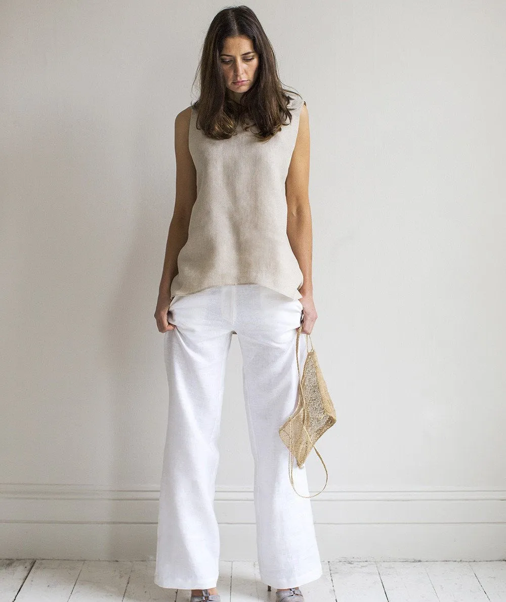 SAMPLE SALE<br>White Linen Wide Leg Trousers<br>Size 6