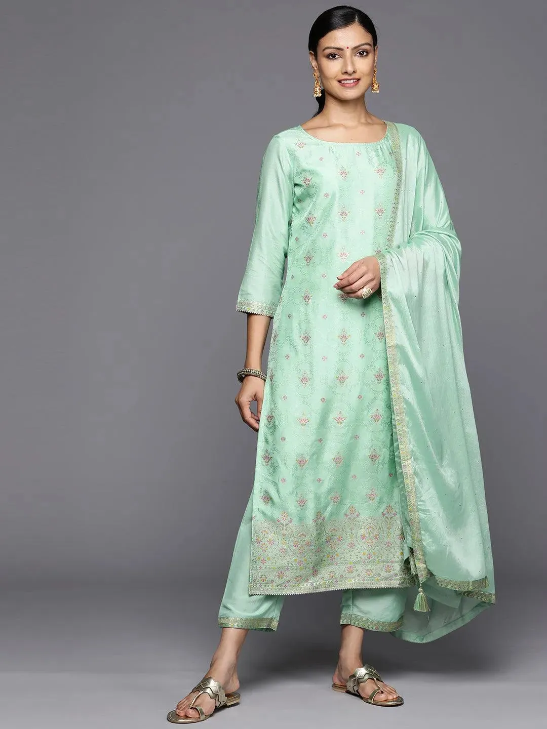 Sea Green Woven Design Silk Blend Straight Kurta With Trousers & Dupatta