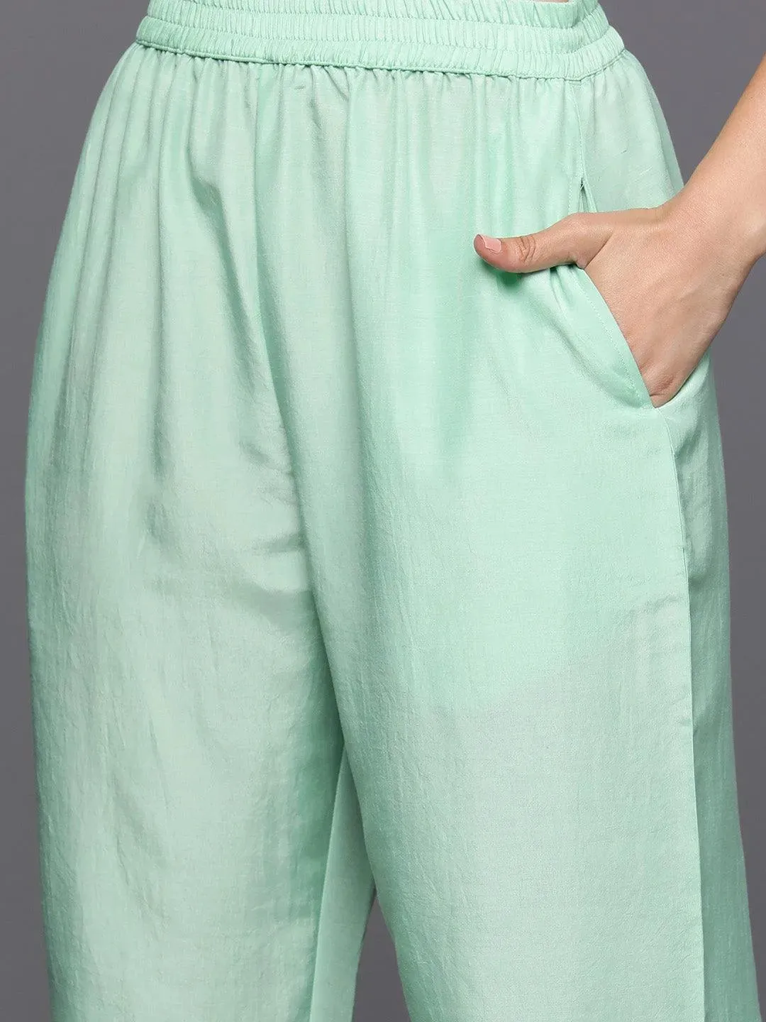 Sea Green Woven Design Silk Blend Straight Kurta With Trousers & Dupatta