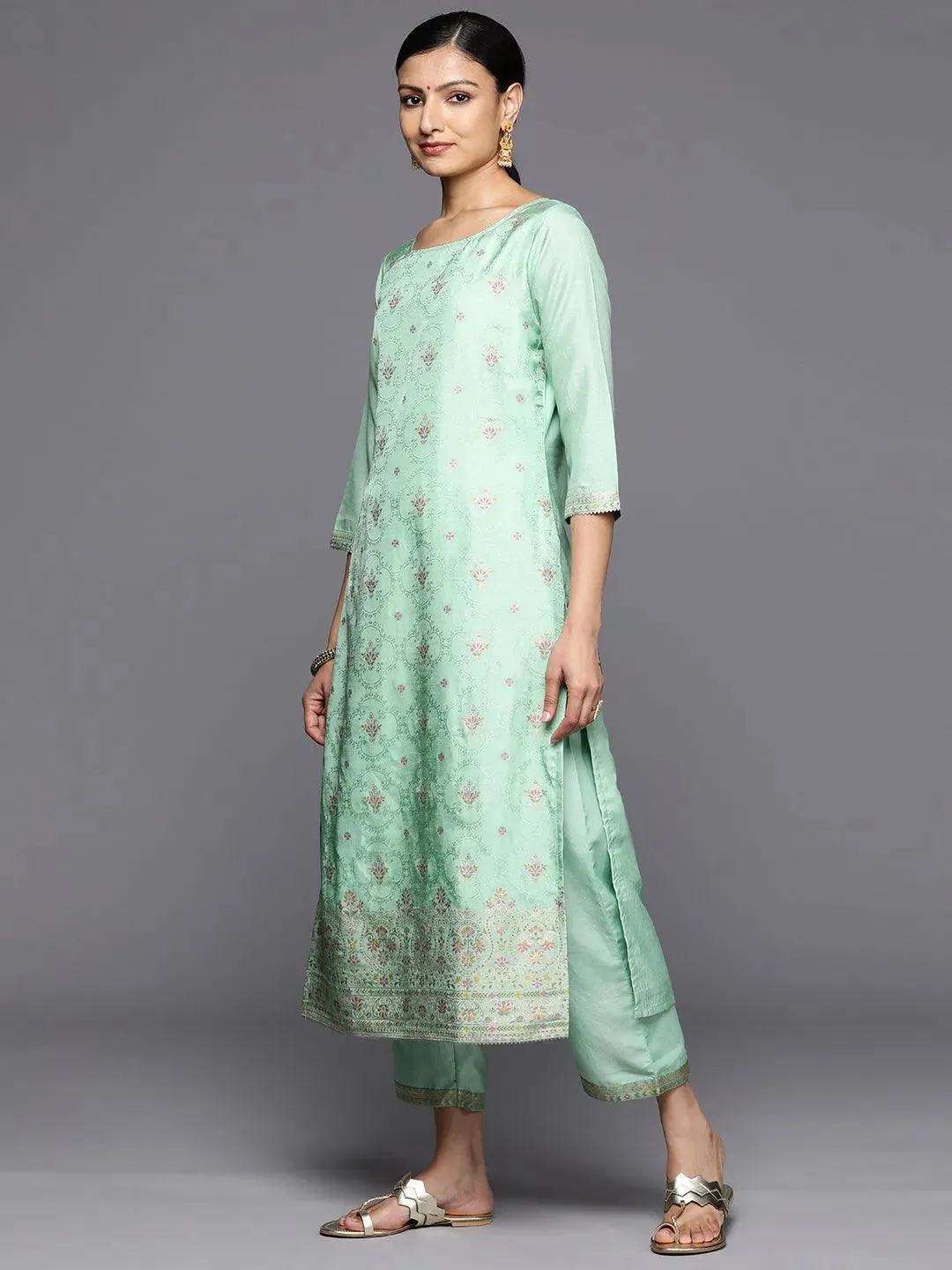 Sea Green Woven Design Silk Blend Straight Kurta With Trousers & Dupatta