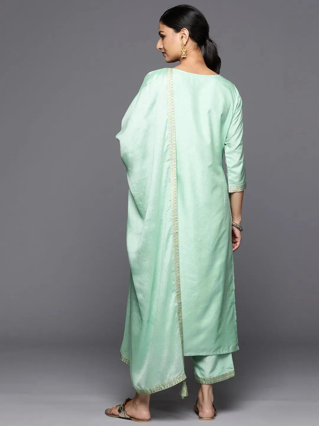 Sea Green Woven Design Silk Blend Straight Kurta With Trousers & Dupatta