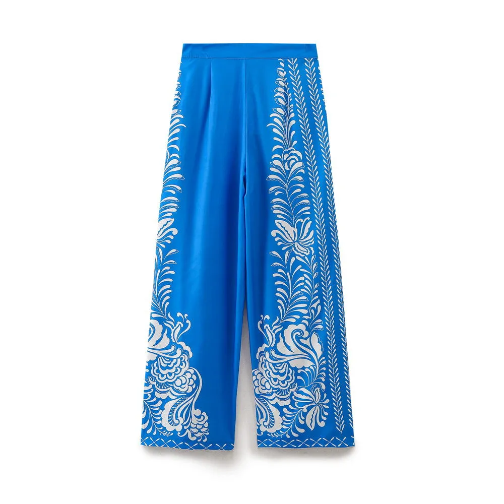 Spring Printed Silk Satin Texture Casual Trousers