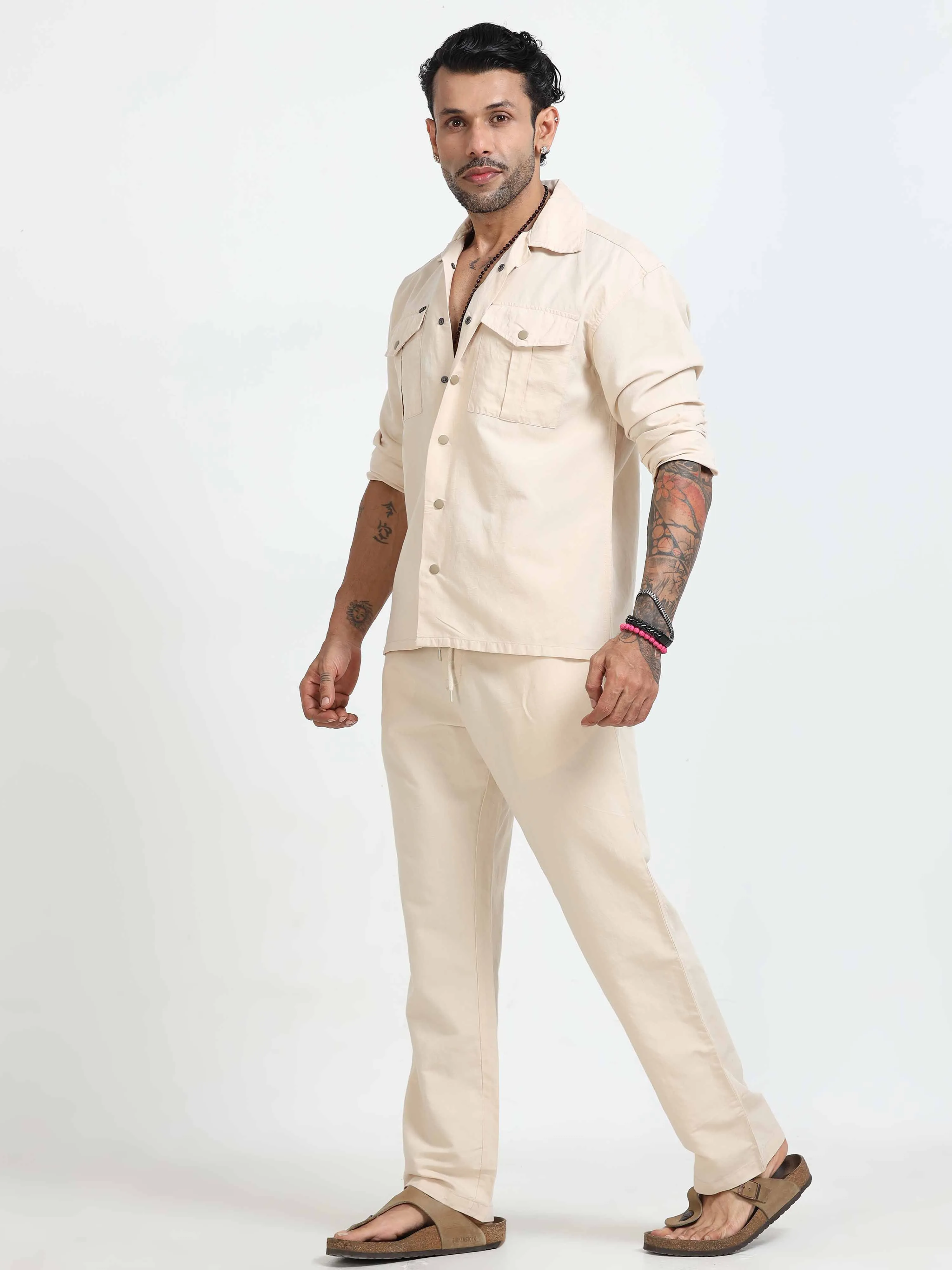 Style Shield Linen Shacket In Cream