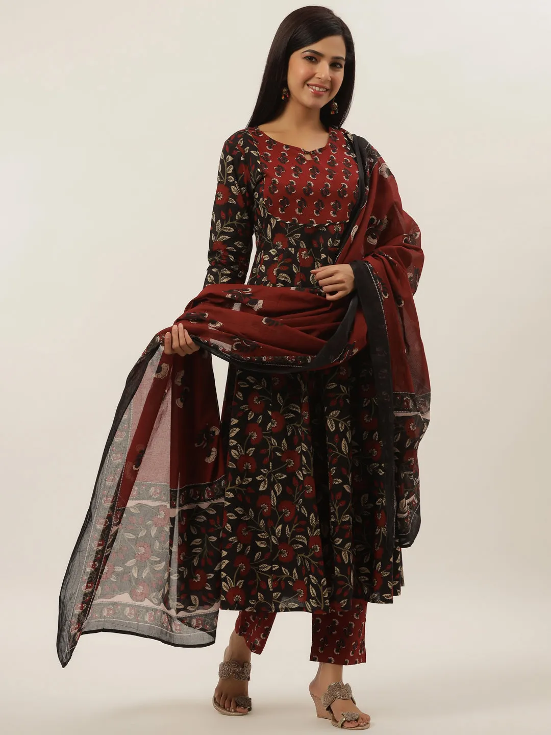 Women Black And Maroon Cotton Kurta Set With Dupatta