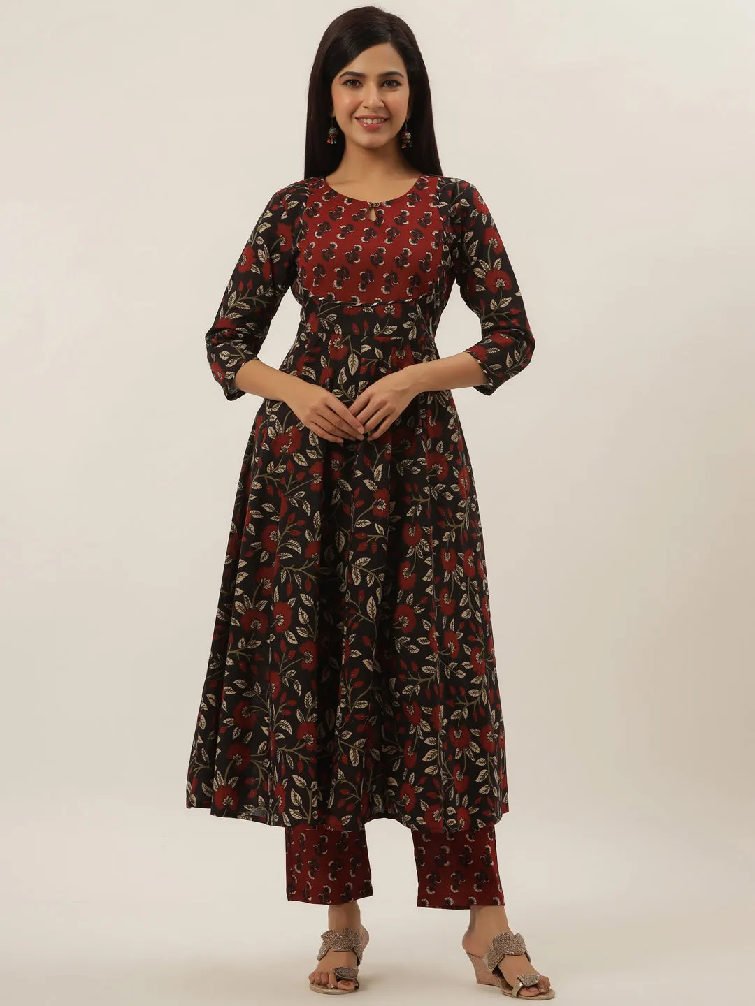 Women Black And Maroon Cotton Kurta Set With Dupatta