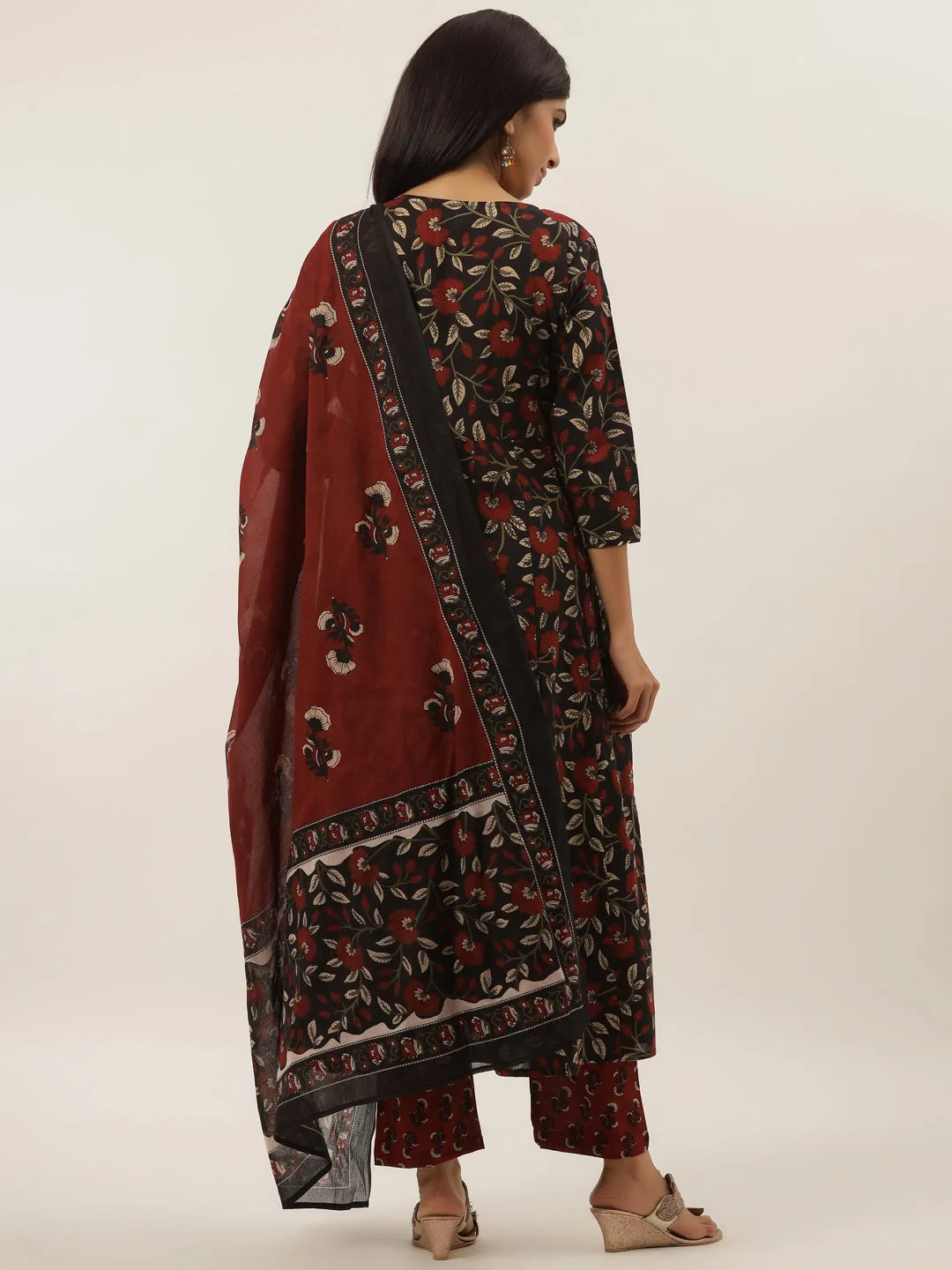 Women Black And Maroon Cotton Kurta Set With Dupatta