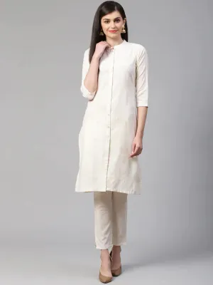 Women Off-White Woven Design Kurta With Trousers