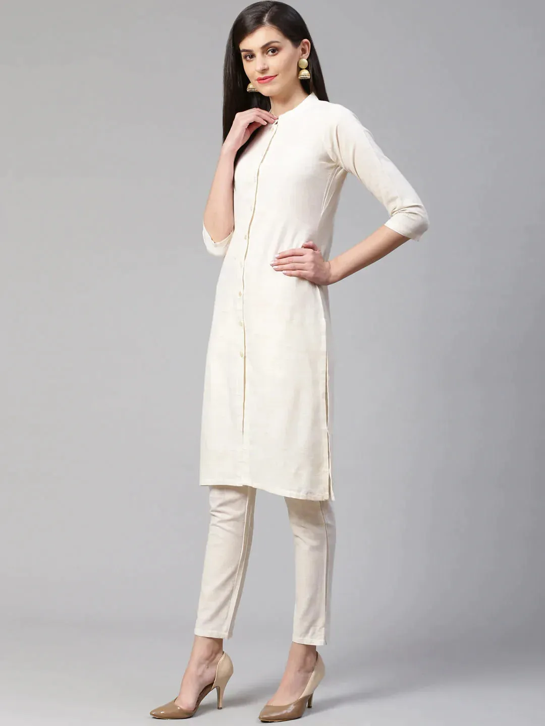 Women Off-White Woven Design Kurta With Trousers