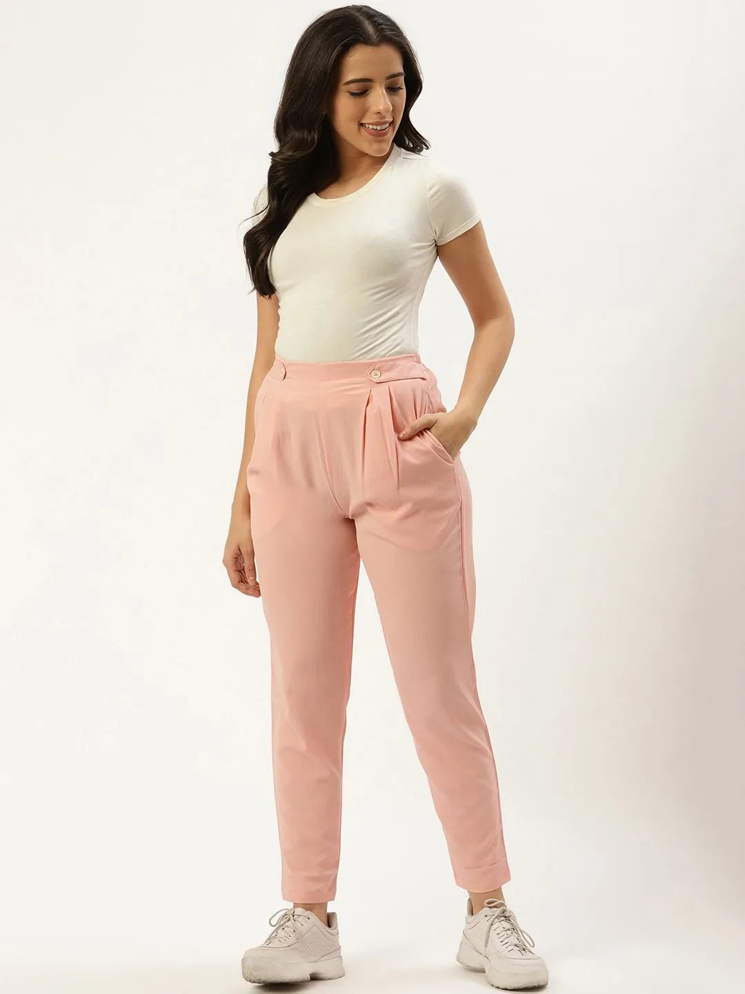 Women Pastel Pink Regular Texture Crepe Straigth Trouser Pant