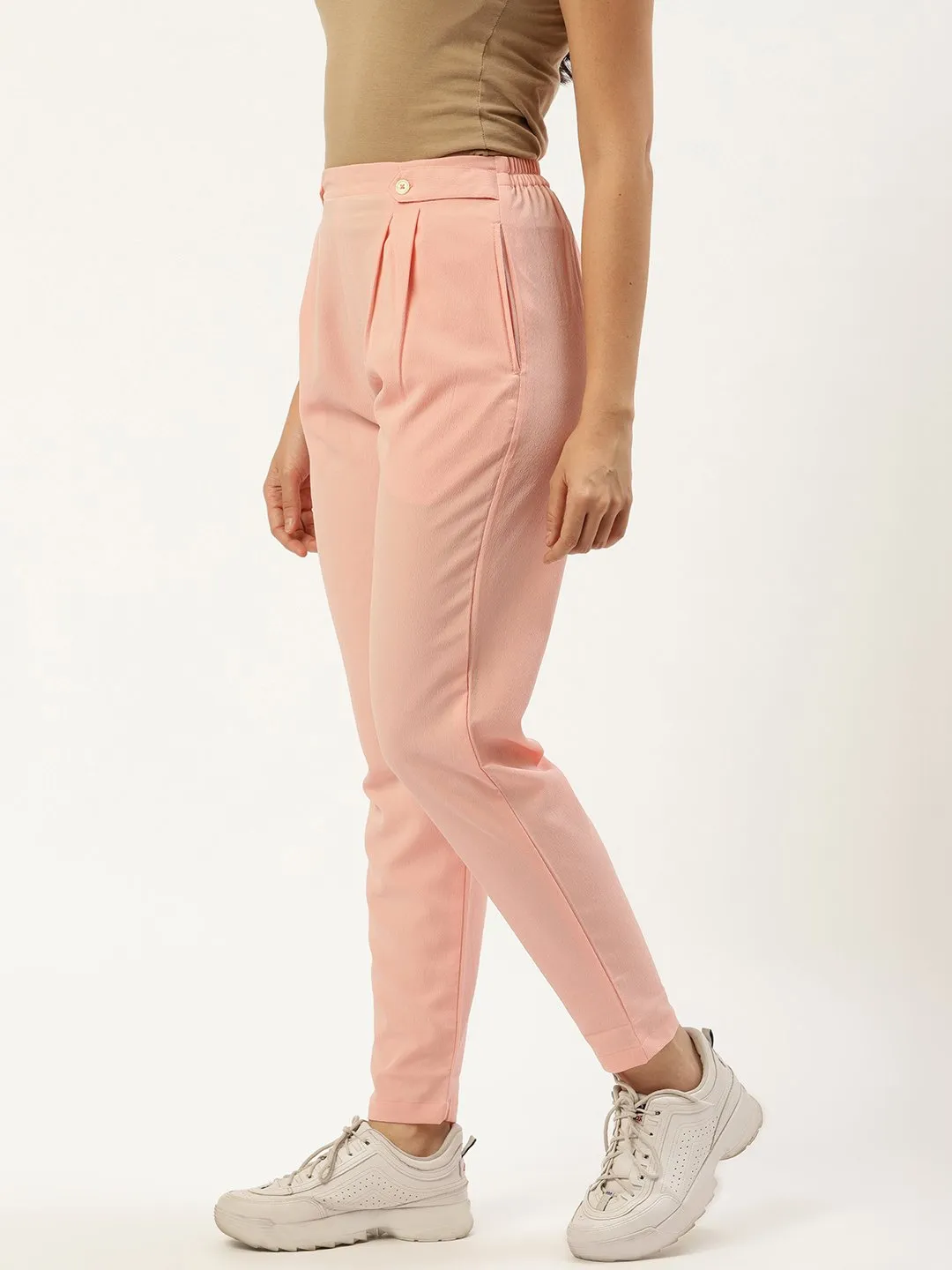 Women Pastel Pink Regular Texture Crepe Straigth Trouser Pant