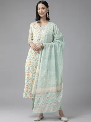 Women Sky Blue And Cream Pure Cotton Kurta Set With Dupatta