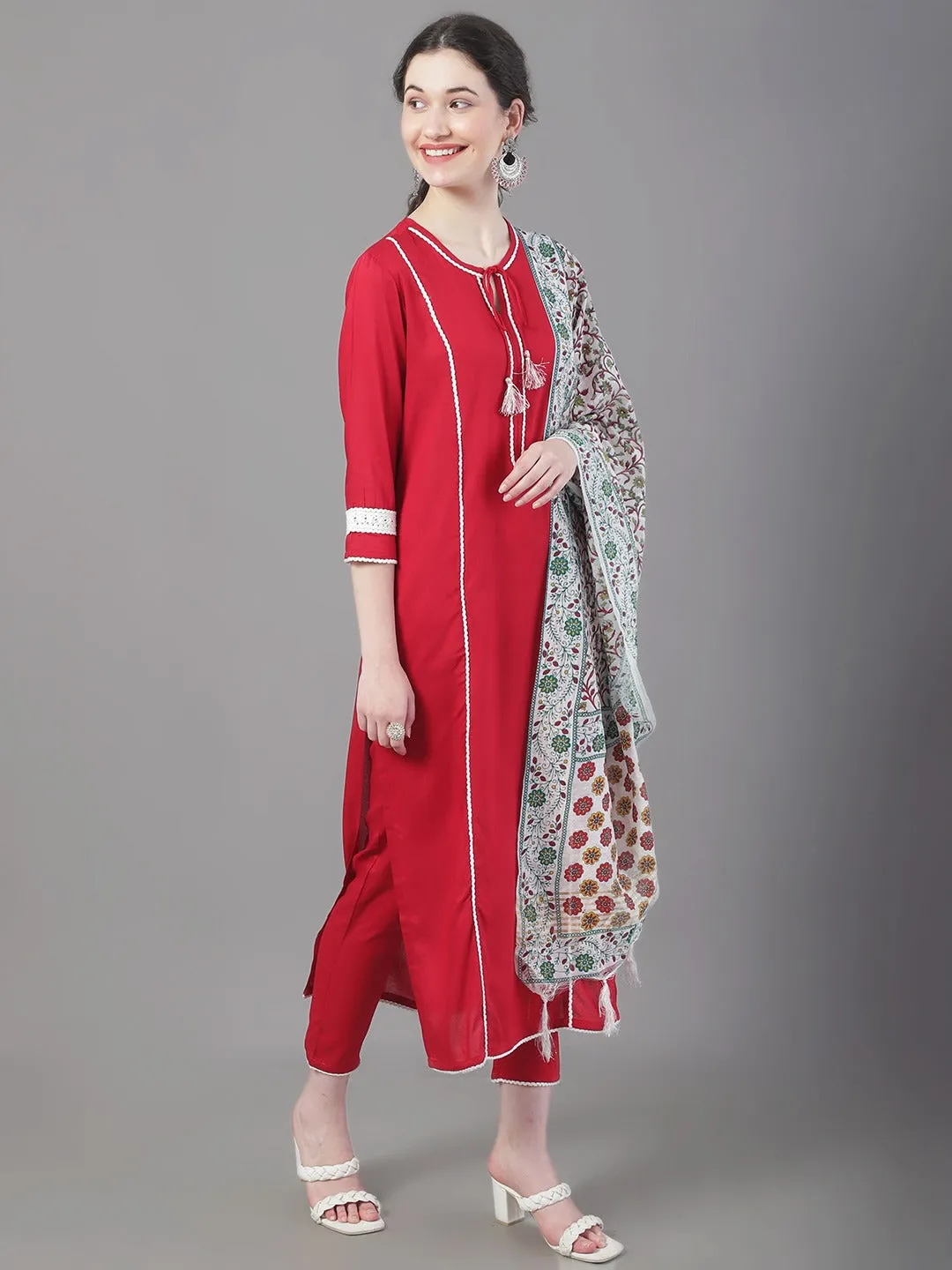 Women Tie-Up Neck Panelled Kurta With Trousers & Dupatta