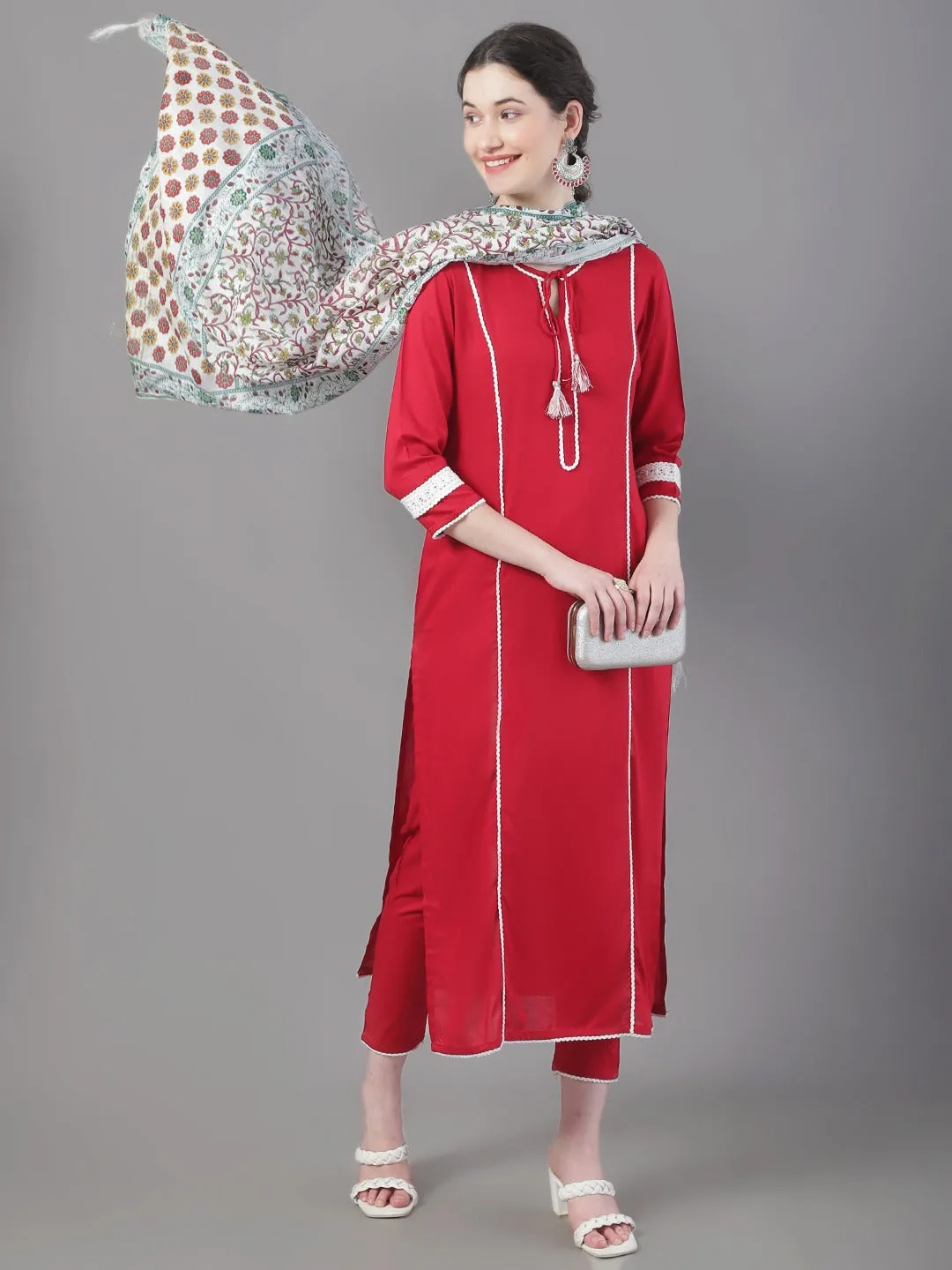 Women Tie-Up Neck Panelled Kurta With Trousers & Dupatta