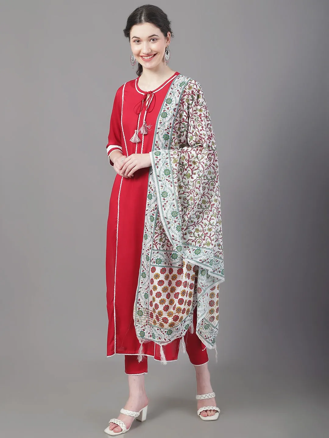 Women Tie-Up Neck Panelled Kurta With Trousers & Dupatta