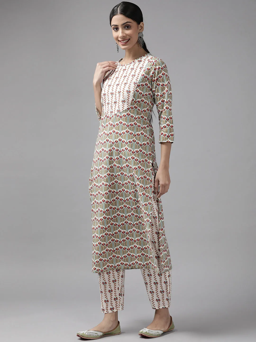 Women White And Green Printed Cotton Straight Kurta Trousers & Dupatta Set