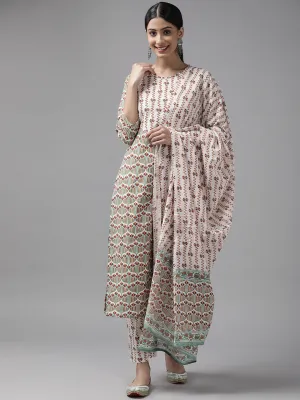 Women White And Green Printed Cotton Straight Kurta Trousers & Dupatta Set