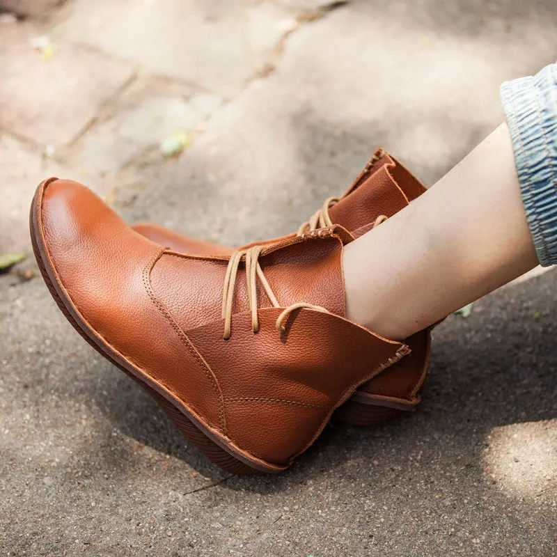 Womens Handmade Green Shoes Ankle Boots Flat Retro Leather Shoes