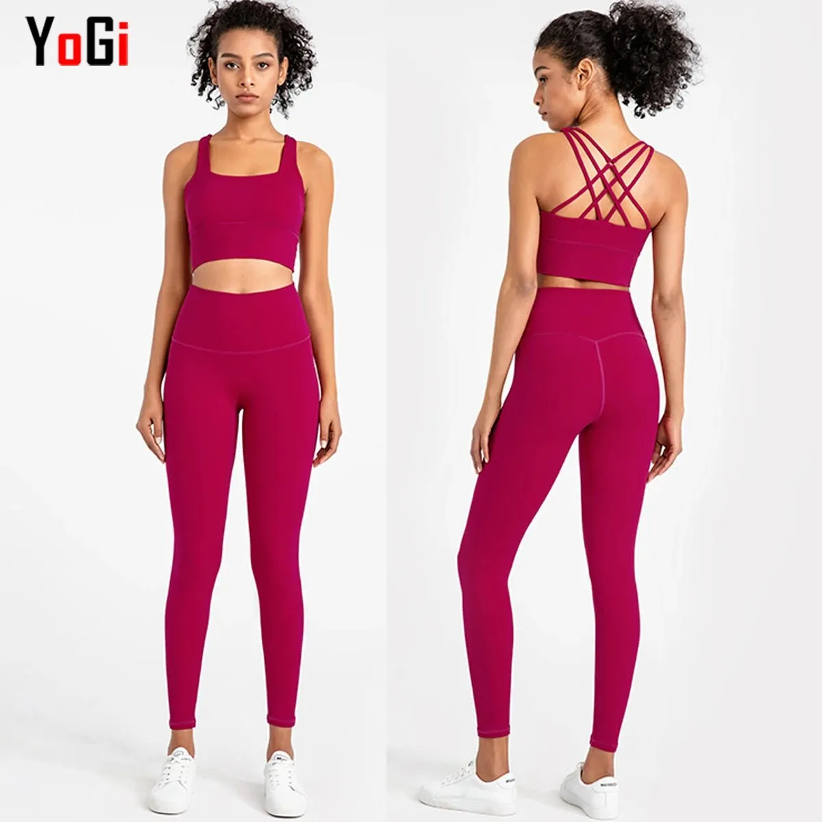 Women's High Waist Leggings Set - 30 Colors - Cross Back Bra Top - Gym Athletic Yoga