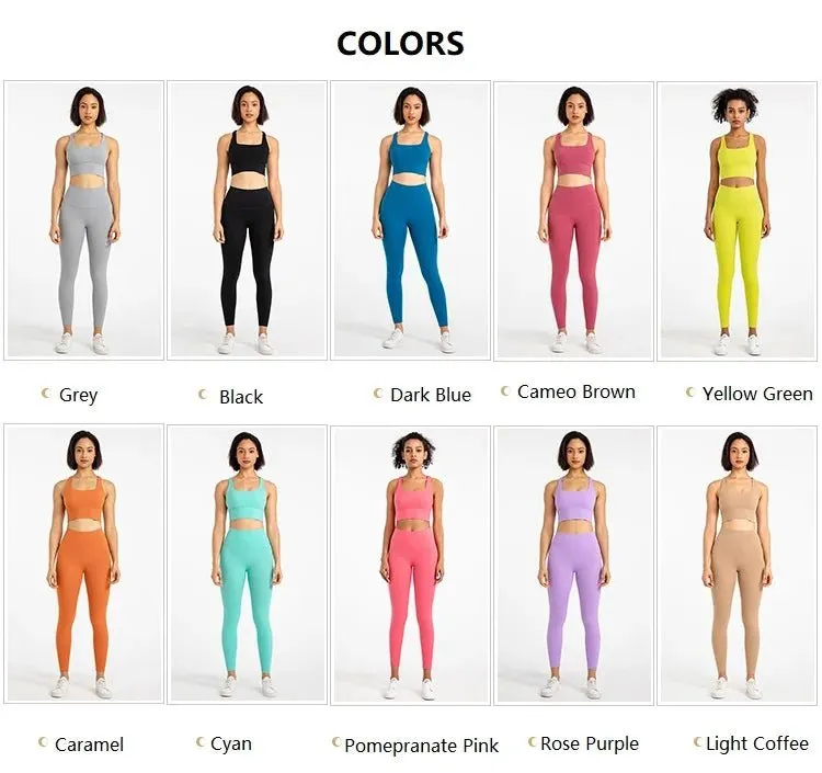 Women's High Waist Leggings Set - 30 Colors - Cross Back Bra Top - Gym Athletic Yoga