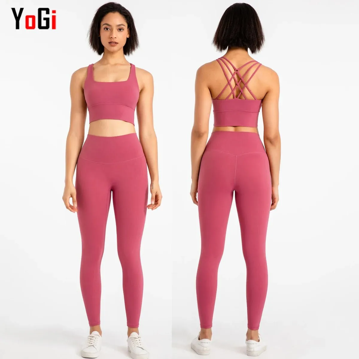 Women's High Waist Leggings Set - 30 Colors - Cross Back Bra Top - Gym Athletic Yoga