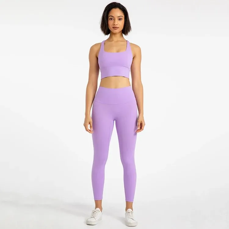 Women's High Waist Leggings Set - 30 Colors - Cross Back Bra Top - Gym Athletic Yoga