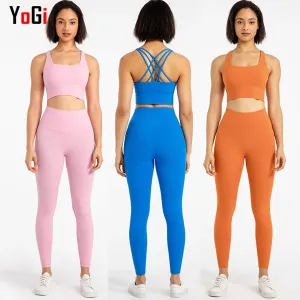 Women's High Waist Leggings Set - 30 Colors - Cross Back Bra Top - Gym Athletic Yoga